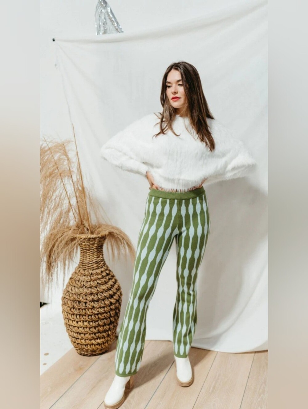 Olive Geometric Boot Cut Knit Pants - Women